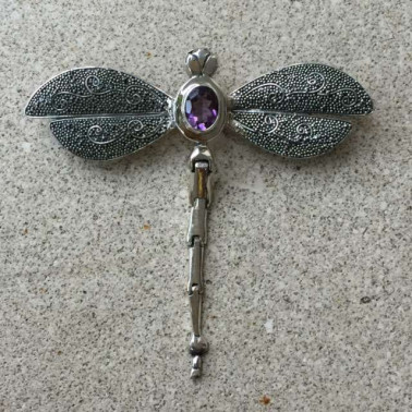PD 09618 AM-(925 Bali Silver Dragonfly Pendant and Brooch with Amethsyt)